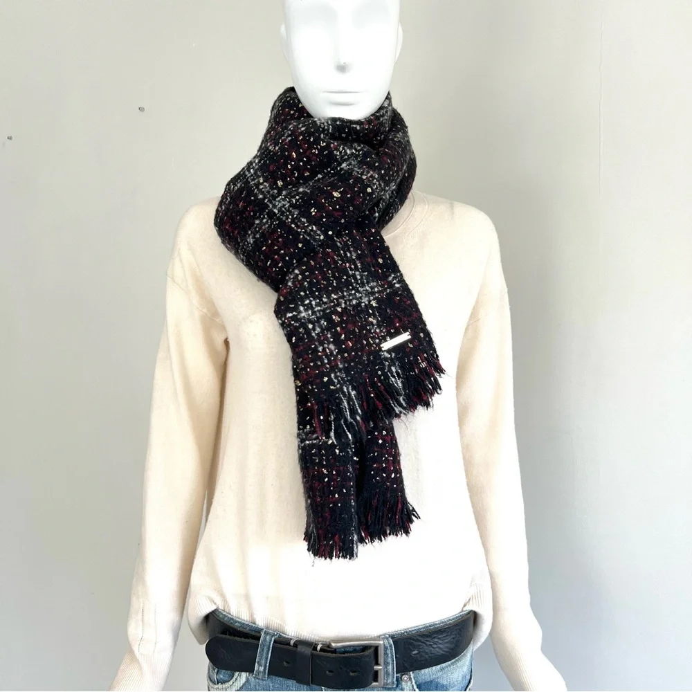 MICHAEL KORS Multicolored Plaid Tweed Gold Foil Knit Soft Long Shawl Wrap Scarf